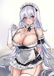 Rule 34 | 1girl, :o, absurdres, apron, artist request, bare shoulders, black dress, breasts, bright pupils, choker, cleavage, commission, detached sleeves, dress, frilled apron, frilled choker, frilled dress, frills, garter straps, gloves, halterneck, highres, large breasts, maid, maid apron, maid headdress, open mouth, original, purple eyes, skindentation, sleeveless, sleeveless dress, solo, spaghetti strap, strap pull, thighhighs, thighs, waist apron, white gloves, white hair, white thighhighs, zettai ryouiki