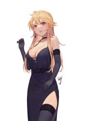 Rule 34 | 1girl, absurdres, ahoge, alternate costume, bare shoulders, black dress, black gloves, black thighhighs, blonde hair, blue eyes, breasts, cleavage, clenched teeth, collarbone, cowboy shot, dress, elbow gloves, gloves, highres, iowa (kancolle), kantai collection, large breasts, lipgloss, long hair, low neckline, side slit, signature, simple background, solo, star-shaped pupils, star (symbol), symbol-shaped pupils, teeth, thighhighs, thighs, zhiwu