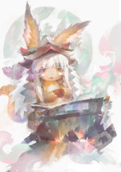 Rule 34 | 1girl, animal ears, bowl, claws, fangs, furry, furry female, greenpock, highres, holding, holding bowl, long hair, made in abyss, nanachi (made in abyss), open mouth, rabbit ears, solo, tail, whiskers, white hair, yellow eyes