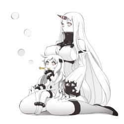 Rule 34 | 10s, 2girls, :t, abyssal ship, ahoge, anklet, bad id, bad pixiv id, barefoot, bracelet, breasts, bubble, blowing bubbles, claws, detached sleeves, covered erect nipples, female focus, full body, horns, jewelry, kantai collection, large breasts, long hair, multiple girls, northern ocean princess, pale skin, red eyes, seaport princess, short eyebrows, sideboob, single horn, sitting, sitting on lap, sitting on person, sleeves past wrists, smile, uni (gugurutan), wariza, white background, white hair