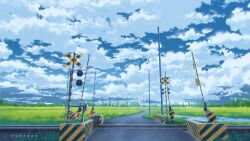 Rule 34 | absurdres, aeuna, bird, blue sky, cloud, cloudy sky, commentary request, day, field, grass, highres, no humans, original, outdoors, railroad crossing, railroad tracks, rural, scenery, sky, tree, utility pole, vanishing point, white bird