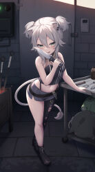 Rule 34 | 1girl, absurdres, aged down, animal ears, black footwear, black pantyhose, black shirt, black skirt, blush, boots, breasts, grey eyes, grey hair, high heel boots, high heels, highleg, highleg panties, highres, holding, holding knife, hololive, jewelry, knife, lion ears, lion girl, lion tail, miniskirt, navel, necklace, o-ring, o-ring thigh strap, panties, pantyhose, shirt, shishiro botan, shishiro botan (1st costume), shoes, short hair, sidelocks, single leg pantyhose, skirt, sleeveless, sleeveless shirt, small breasts, smile, solo, ssrb (shishiro botan), tail, thigh strap, tongue, tongue out, torn clothes, torn pantyhose, tousaki (tousakiworks), two side up, underwear, virtual youtuber