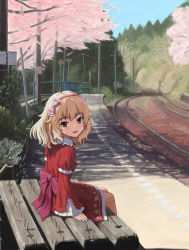 Rule 34 | 1girl, back bow, bench, blonde hair, blush, bow, bush, cherry blossoms, collar, commentary request, day, dress, floral print, frilled collar, frilled dress, frilled sleeves, frills, green eyes, hair bow, hairband, idolmaster, idolmaster cinderella girls, long sleeves, looking at viewer, looking back, outdoors, parted lips, pink hairband, power lines, railing, railroad tracks, red dress, rose print, sakurai momoka, scenery, short hair, sign, sitting, sky, sleeves past wrists, smile, solo, train station, tree, tyubei7716, utility pole, wavy hair