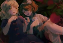 Rule 34 | 2girls, blonde hair, blurry, blurry background, blush, copyright request, cup, dark background, dateless bar &quot;old adam&quot;, drinking glass, flower, highres, holding, holding cup, laughing, maribel hearn, mozu (tamakonnyaku), multiple girls, official alternate costume, one eye closed, red flower, red rose, rose, short sleeves, sitting, touhou, usami renko