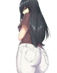 Rule 34 | 1girl, 714 (leg200kr), ass, bad id, bad pixiv id, black hair, blue eyes, breasts, brown shirt, cowboy shot, denim, from below, jeans, long hair, looking at viewer, looking back, looking down, medium breasts, original, pants, pantylines, pocket, shaded face, shirt, sideboob, simple background, solo, standing, very long hair, white background