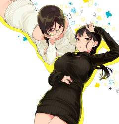 Rule 34 | 2girls, akizono kanna, ass, black hair, black sweater, blush, braid, breasts, brown eyes, brown hair, cleavage, dress, glasses, hair ornament, hairclip, large breasts, long hair, long sleeves, looking at viewer, lying, mole, mole under mouth, multiple girls, naked sweater, no panties, on back, on stomach, original, red eyes, ribbed sweater, sasamori tomoe, semi-rimless eyewear, simple background, single braid, smile, succubus stayed life, sweater, sweater dress, turtleneck, turtleneck sweater, under-rim eyewear, white sweater, yomisawa tsukino