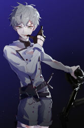 Rule 34 | 1boy, 9degree, absurdres, arknights, bishounen, blood, coat, cowboy shot, finger to mouth, gloves, green eyes, highres, looking at viewer, male focus, mephisto (arknights), short hair, shorts, simple background, smile, solo, weapon, white coat, white hair
