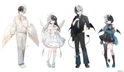 1boy 1girl :d ;) ;d angel_wings asymmetrical_legwear bare_shoulders black_hair black_pants black_shirt black_skirt black_socks black_thighhighs black_wings blue_eyes blue_footwear blue_jacket blue_necktie brown_footwear closed_mouth collared_shirt commentary_request demon_boy demon_girl demon_horns demon_tail demon_wings dress dress_shirt feathered_wings grey_hair grey_pants hair_between_eyes halo highres horns jacket kneehighs loafers long_hair long_sleeves low_wings mafuyu_(chibi21) mini_wings multicolored_hair multiple_views necktie off_shoulder official_art one_eye_closed open_clothes open_jacket open_mouth original pants pleated_skirt puffy_long_sleeves puffy_sleeves shirt shoes simple_background single_sock single_thighhigh skirt skirt_hold sleeves_past_fingers sleeves_past_wrists smile socks sweater tail thighhighs two-tone_hair two_side_up very_long_hair white_background white_dress white_socks white_sweater white_wings wings