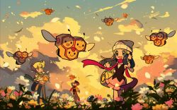 Rule 34 | 1girl, 2boys, :d, bag, barry (pokemon), beanie, blonde hair, blurry, blush, brown bag, chueog, cloud, combee, creatures (company), dawn (pokemon), duffel bag, eyelashes, field, floating scarf, flower, flower field, game freak, gen 4 pokemon, green scarf, grey eyes, grey pants, hat, highres, holding, holding pot, jacket, looking up, lucas (pokemon), multiple boys, nintendo, open mouth, orange eyes, outdoors, pants, petals, pink flower, pink skirt, pokemon, pokemon (creature), pokemon dppt, pot, red headwear, red scarf, scarf, shirt, short hair, short sleeves, shoulder bag, skirt, sky, sleeveless, sleeveless shirt, smile, standing, striped clothes, striped jacket, tongue, twilight, watermark, white flower, white headwear, yellow bag, yellow flower