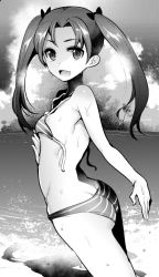 Rule 34 | 10s, 1girl, ass, beach, bikini, blush, breasts, cloud, from side, girls und panzer, greyscale, kadotani anzu, long hair, looking at viewer, monochrome, nakasone haiji, open clothes, open mouth, small breasts, smile, solo, striped bikini, striped clothes, swimsuit, twintails, untied bikini, wet