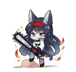 Rule 34 | 1girl, animal ears, arknights, black footwear, black hair, black shorts, blaze (arknights), blue eyes, blush, cat ears, cat girl, cat tail, chainsaw, chibi, closed mouth, commentary, commission, english commentary, fire, full body, hairband, holding, jacket, kurotofu, long sleeves, looking at viewer, power tool, puffy long sleeves, puffy sleeves, red hairband, shoes, short shorts, shorts, simple background, smile, solo, sparkle, standing, tail, v-shaped eyebrows, white background, white jacket