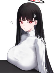 Rule 34 | 1girl, ?, absurdres, aoi riko, black hair, blue archive, breasts, highres, large breasts, looking at viewer, red eyes, rio (blue archive), solo, white background