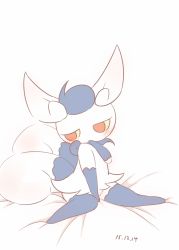 Rule 34 | 1girl, animal ears, bed sheet, between legs, blue fur, blue hair, blush, body fur, cat ears, cat girl, cat tail, colored sclera, creatures (company), dated, female focus, full body, furry, furry female, game freak, gen 6 pokemon, half-closed eyes, hand between legs, hand to own mouth, hand up, kajiura, looking away, looking to the side, meowstic, meowstic (female), multiple tails, nintendo, pokemon, pokemon (creature), red eyes, short hair, shy, simple background, sitting, sketch, solo, tail, two-tone fur, two tails, white background, white fur, yellow sclera