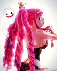 Rule 34 | 1girl, back, bare arms, bare shoulders, black eyes, blunt bangs, breasts, drill hair, floral print, ghost, hair over shoulder, highres, lips, lipstick, long hair, looking back, makeup, nape, one piece, oregano551, perona, pink hair, profile, red lips, simple background, solo, swimsuit, twitter username, tying hair, very long hair, watermark