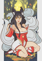 Rule 34 | 1girl, ahri (league of legends), animal ears, black hair, breasts, cleavage, detached sleeves, facial mark, fang, fox ears, fox girl, fox tail, full body, hand in own hair, highres, korean clothes, league of legends, off shoulder, open mouth, sitting, smile, solo, splashbrush, tail, whisker markings, wide sleeves, yellow eyes