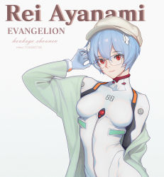Rule 34 | 1girl, arm behind back, artist name, ayanami rei, bodysuit, breasts, breasts apart, character name, closed mouth, copyright name, glasses, hat, headgear, highres, houkago shounen, medium breasts, neon genesis evangelion, plugsuit, red eyes, short hair, silver hair, solo, white bodysuit, white hat