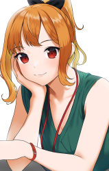 Rule 34 | 1girl, arm support, bare shoulders, closed mouth, doushimasho, green shirt, head rest, highres, lanyard, looking at viewer, office lady, orange hair, original, red eyes, shirt, simple background, sleeveless, sleeveless sweater, smile, solo, sweater, upper body, watch, white background, wristwatch
