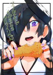 Rule 34 | 1girl, arm guards, black hair, breasts, cleavage, commentary request, eating, fate/grand order, fate (series), flying sweatdrops, food, food on face, hair between eyes, hair ribbon, holding, holding food, long hair, mesh, mochizuki chiyome (fate), nail polish, one eye covered, open mouth, purple eyes, purple nails, ribbon, solo, torichamaru, translation request, upper body, white background