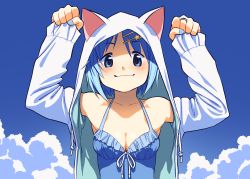 Rule 34 | 1girl, animal ears, arms up, blue eyes, blue hair, blue nails, blue one-piece swimsuit, blue sky, blush, breasts, cat ears, cleavage, cloud, commentary, english commentary, gloamy, hair ornament, highres, looking at viewer, mahou shoujo madoka magica, mahou shoujo madoka magica (anime), medium breasts, medium hair, miki sayaka, mitakihara school uniform, nail polish, one-piece swimsuit, paw pose, school uniform, sky, sleeves past wrists, smile, solo, star (symbol), star hair ornament, swimsuit, upper body, x hair ornament