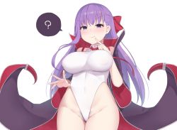 Rule 34 | 1girl, ?, arapi, bb (fate), blush, breasts, clothes, fate/grand order, fate (series), female focus, female pubic hair, large breasts, looking at viewer, pubic hair, purple eyes, purple hair, simple background, smile, solo, speech bubble, spoken question mark, surprised, white background