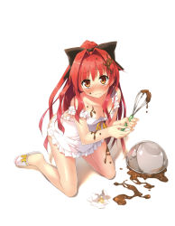 Rule 34 | 1girl, absurdres, apron, blush, bowl, breasts, chocolate, cleavage, cooking, corticarte apa lagranges, egg, embarrassed, frills, hair ribbon, highres, kantoku, kneeling, long hair, looking up, naked apron, orange eyes, ponytail, red hair, ribbon, shinkyoku soukai polyphonica, simple background, solo, very long hair, whisk