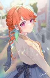 Rule 34 | 1girl, absurdres, alternate costume, blush, bow, braid, earrings, elderflower, feather earrings, feathers, from behind, green hair, hanbok, highres, hololive, hololive english, jewelry, korean clothes, looking at viewer, looking back, multicolored hair, orange hair, purple eyes, signature, smile, solo, streaked hair, takanashi kiara, virtual youtuber