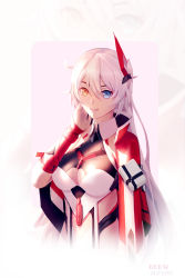 Rule 34 | 1girl, :d, absurdres, ahoge, blue eyes, breasts, cleavage, closed mouth, gloves, hair ornament, heterochromia, highres, honkai (series), honkai impact 3rd, jacket, kiana kaslana, kiana kaslana (void drifter), long hair, looking at viewer, nukw27, open mouth, red gloves, red jacket, smile, solo, white background, white hair, white jacket, yellow eyes
