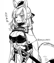 Rule 34 | 1girl, animal ears, arknights, armor, bow, cloak, commentary request, cowboy shot, greyscale, hair bow, hatching, horse ears, horse girl, horse tail, long hair, monochrome, one eye closed, open mouth, pelvic curtain, scabbard, sheath, sheathed, shorts, simple background, solo, sword, tail, thick eyebrows, translation request, twitter username, weapon, whislash (arknights), white background, yom (ymayma00ss)