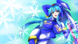 Rule 34 | 1girl, adapted costume, android, arm behind head, blue background, blue eyes, blue hair, blunt bangs, breasts, female focus, helmet, holding, holding weapon, huge breasts, impossible clothes, fairy leviathan (mega man), long hair, mega man (series), mega man zero (series), open mouth, polearm, shimazu kaname, smile, snowflakes, solo, spear, weapon