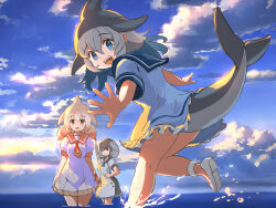 Rule 34 | blowhole, blue dress, blue eyes, blue neckerchief, blue sky, cetacean tail, chinese white dolphin (kemono friends), cloud, common bottlenose dolphin (kemono friends), dolphin girl, dorsal fin, dress, fins, fish tail, frilled dress, frills, grey dress, grey hair, hair between eyes, head fins, highres, kemono friends, koutsuu (koutuukanseikan), multicolored hair, narwhal (kemono friends), neckerchief, necktie, ocean, open mouth, orange eyes, pink hair, puffy short sleeves, puffy sleeves, red necktie, sailor dress, short hair, short sleeves, short twintails, sidelocks, sky, smile, tail, twintails, two-tone dress, two-tone hair, wading, whale girl, white dress, white footwear