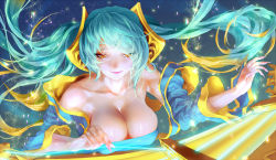 Rule 34 | 1girl, absurdres, aqua hair, armpits, bad id, bad pixiv id, breasts, cleavage, highres, instrument, jewelry, large breasts, league of legends, long hair, rukiana, smile, solo, sona (league of legends), twintails, very long hair, yellow eyes