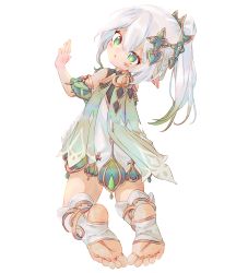 Rule 34 | 1girl, :o, back, bare shoulders, barefoot, blush, cape, chaosexceed, detached sleeves, dot nose, dress, elf, foot focus, from behind, full body, genshin impact, green dress, green eyes, hair between eyes, hair ornament, hand up, highres, kneeling, long ears, multicolored hair, nahida (genshin impact), pointy ears, ponytail, soles, solo, stirrup legwear, toeless legwear, toes, two-tone hair, white hair, white legwear