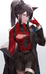 Rule 34 | 1girl, animal ear fluff, animal ears, arknights, belt, black hair, black sleeves, blazpu, blouse, breasts, candy, collared shirt, commentary, cowboy shot, expressionless, extra ears, food, forehead, gloves, hair between eyes, hand up, high ponytail, highres, lollipop, long bangs, long hair, long sleeves, looking at viewer, necktie, o-ring, off shoulder, official alternate costume, orange eyes, pinky out, pleated shorts, pointy nose, red gloves, red shirt, shadow, shirt, shorts, simple background, solo, suspender shorts, suspenders, texas (arknights), texas (willpower) (arknights), thigh strap, white background