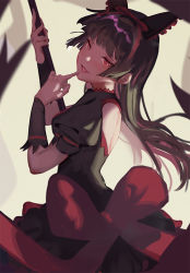 Rule 34 | 1girl, animal ears, back cutout, black dress, black hair, blunt bangs, bow, cat ears, clothing cutout, commentary request, cowboy shot, dress, fake animal ears, finger to mouth, from side, gate - jieitai ka no chi nite kaku tatakaeri, gothic lolita, hair ribbon, holding, holding staff, krin (krinnin), large bow, lolita fashion, looking at viewer, looking to the side, multicolored hair, parted lips, puffy short sleeves, puffy sleeves, purple hair, red bow, red eyes, red ribbon, ribbon, rory mercury, short sleeves, smile, solo, staff, two-tone hair