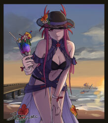 Rule 34 | 1boy, 2girls, alternate costume, artist name, bare shoulders, bent over, bikini, black bikini, black hat, blue one-piece swimsuit, breasts, cleavage, clothing cutout, cm lynarc, cup, dress, dress swimsuit, drinking glass, drinking straw, fire emblem, fire emblem: three houses, fire emblem engage, fire emblem heroes, fire emblem warriors: three hopes, flower, hat, hat flower, highres, holding, holding cup, ivy (fire emblem), ivy (summer) (fire emblem), large breasts, long hair, looking at viewer, matching hair/eyes, mole, mole under mouth, multiple girls, navel, nintendo, official alternate costume, one-piece swimsuit, purple eyes, purple hair, shez (female) (fire emblem), shez (female) (summer) (fire emblem), shez (fire emblem), shez (male) (fire emblem), shez (male) (summer) (fire emblem), signature, smile, solo, solo focus, stomach, stomach cutout, swimsuit, tropical drink