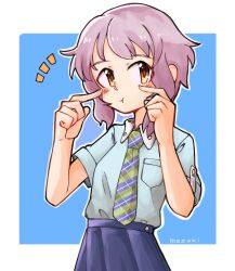 Rule 34 | 1girl, :t, blue background, blue shirt, blue skirt, blush, breast pocket, chakka (nagata08-23), character name, checkered necktie, closed mouth, commentary, fingers to cheeks, hands up, idolmaster, idolmaster million live!, looking at viewer, makabe mizuki, necktie, notice lines, pleated skirt, pocket, puffy cheeks, purple hair, shirt, short hair, short sleeves, sidelocks, skirt, solo, upper body, wavy hair, wing collar, yellow eyes