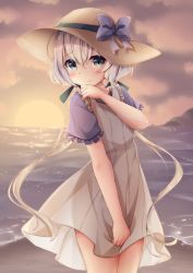 Rule 34 | 1girl, beach, blue eyes, blush, cloud, cloudy sky, dress, dress shirt, embarrassed, evening, flat chest, frilled sleeves, frills, hair between eyes, hair ribbon, hat, hat ribbon, highres, horizon, konno junko, long hair, looking at viewer, low twintails, ocean, outdoors, purple ribbon, purple shirt, ribbon, shirt, short sleeves, silver hair, sky, sleeveless, sleeveless dress, solo, sun hat, sundress, sunlight, sunset, twintails, umou (may65879), wading, water, white dress, zombie land saga