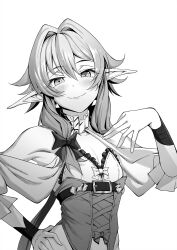 Rule 34 | 1girl, armpits, blush, commentary request, elf, flat chest, goblin slayer!, greyscale, high elf archer (goblin slayer!), highres, looking at viewer, medium hair, monochrome, pointy ears, simple background, smile, solo, tekkai blade, upper body, white background