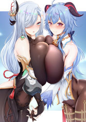 Rule 34 | 2girls, :d, ahoge, alternate breast size, armpit crease, asymmetrical docking, bare shoulders, bell, black bodysuit, black gloves, black legwear, blue background, blue eyes, blue hair, blush, bodystocking, bodysuit, braid, breast curtain, breast press, breasts, brown legwear, chinese knot, chomikuplus, closed mouth, clothing cutout, collarbone, commentary, covered collarbone, covered erect nipples, covered navel, cowbell, crop top, crop top overhang, curled horns, detached sleeves, elbow gloves, embarrassed, english commentary, falling leaves, fingernails, ganyu (genshin impact), genshin impact, ginkgo leaf, gloves, gluteal fold, goat horns, gold trim, hair ornament, hair over one eye, highres, hip vent, holding hands, horns, huge breasts, leaf, leotard, leotard under clothes, letterboxed, long hair, long sleeves, looking at viewer, low-braided long hair, low-tied long hair, multiple girls, navel, neck bell, nose blush, open mouth, paid reward available, pantyhose, partially fingerless gloves, power connection, puffy long sleeves, puffy sleeves, purple eyes, shenhe (genshin impact), shoulder cutout, side cutout, sidelocks, silver hair, simple background, skin tight, smile, standing, symmetrical docking, tabard, tassel, teeth, thighlet, upper teeth only, very long hair, vision (genshin impact), waist cape, white sleeves