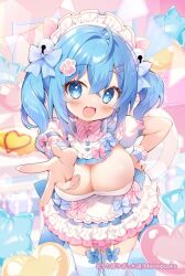 Rule 34 | 1girl, :d, ahoge, bell, blue bow, blue eyes, blue hair, bow, bowtie, breasts, bright pupils, cleavage, commentary, crossed bangs, dot nose, dress, dress bow, fang, foreshortening, frilled dress, frills, garter straps, hair bell, hair bow, hair ornament, hand on own hip, happy, indoors, large breasts, leaning forward, legs together, looking at viewer, maid headdress, medium hair, msp sammy, open mouth, original, short dress, short sleeves, skin fang, smile, solo, standing, thighhighs, twintails, white dress, white pupils, white thighhighs, zettai ryouiki
