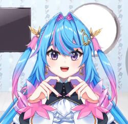 Rule 34 | blue nails, earrings, hair ornament, heart, heart hands, highres, izumi dayo (izumi chan08), jewelry, long hair, looking at viewer, misora kanon, multicolored hair, nijigen project, open mouth, pink nails, purple eyes, smile, television, virtual youtuber