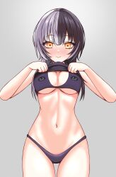 1girl absurdres alternate_costume bikini black_hair blush character_print closed_mouth clothes_lift grey_background grey_hair highres hololive hololive_english long_hair looking_at_viewer multicolored_hair navel nose_blush panpanmc4 purple_bikini shiori_novella shirt_lift simple_background smile solo split-color_hair swimsuit two-tone_hair virtual_youtuber yellow_eyes yorick_(shiori_novella)