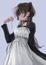 Rule 34 | 1girl, absurdres, black choker, brown hair, choker, dress, earrings, gishiki (gshk), glasses, grey background, highres, jewelry, long hair, long sleeves, looking at viewer, necklace, original, parted lips, rosary, round eyewear, shrug (clothing), simple background, solo, two side up, unworn jewelry, unworn necklace, upper body, white dress, yellow eyes