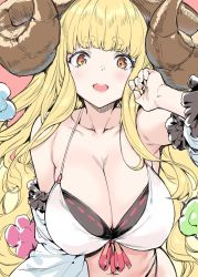 Rule 34 | 1girl, ahoge, anila (granblue fantasy), anila (summer) (granblue fantasy), bikini, blonde hair, blunt bangs, blush, breasts, cleavage, commentary request, draph, eyebrows, granblue fantasy, horns, large breasts, long hair, looking at viewer, mushi024, open mouth, sheep horns, smile, solo, swimsuit, thighhighs, very long hair, yellow eyes