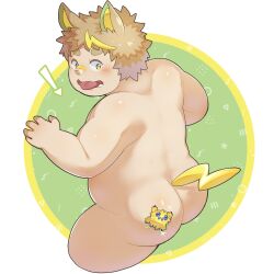 Rule 34 | 1boy, animal ears, animal on ass, arrow (symbol), ass, back, brown hair, butt crack, completely nude, creatures (company), cropped legs, dog boy, dog ears, dog tail, fat, fat man, game freak, gen 5 pokemon, gen 8 pokemon, green eyes, highres, joltik, kemonomimi mode, looking back, male focus, multicolored hair, nintendo, nude, open mouth, personification, pokemon, short hair, solo, streaked hair, tail, thick arms, thick eyebrows, thick thighs, thighs, tongue, tongue out, yamper, yunosuke