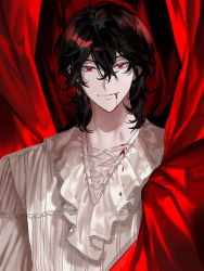 Rule 34 | 1boy, black hair, blood, blood from mouth, blood on clothes, cross-laced clothes, curtains, earrings, ensemble stars!, hair between eyes, highres, jewelry, korean commentary, lace, lace-trimmed shirt, lace trim, looking at viewer, male focus, medium hair, nani (s2 nani), red curtains, red eyes, sakuma rei (ensemble stars!), shirt, slit pupils, smile, solo, stud earrings, upper body, vampire, white shirt