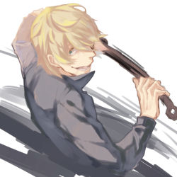 Rule 34 | 1boy, action, avvo (ekireikirei), baccano!, blonde hair, crazy smile, graham specter, male focus, simple background, smile, solo, wrench