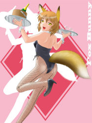 Rule 34 | 1girl, alcohol, animal ears, bottle, brown hair, fishnet pantyhose, fishnets, fox ears, fox tail, high heels, leotard, nontraditional playboy bunny, oka takeshi, pantyhose, playboy bunny, shoes, short hair, solo, tail, tray, wine, yellow eyes
