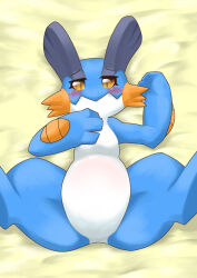 Rule 34 | 1girl, arm up, bed sheet, blue skin, blush, closed mouth, colored sclera, colored skin, creatures (company), dakimakura (medium), female focus, flat chest, from above, furry, furry female, game freak, gen 3 pokemon, half-closed eyes, hand on own chest, hand up, kame (3t), looking at viewer, lying, multicolored skin, nintendo, on back, orange eyes, orange sclera, pokemon, pokemon (creature), raised eyebrows, solo, spread legs, swampert, thick thighs, thighs, two-tone skin, white skin, yellow background