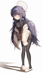 Rule 34 | 1girl, absurdres, amulet, black hair, black pantyhose, black shirt, blue archive, blush, book, breasts, cardigan, closed mouth, delete (xxag4475), eyewear strap, full body, glasses, hairband, halo, highres, holding, holding book, long hair, long sleeves, looking at viewer, low twintails, off shoulder, panties, panties under pantyhose, pantyhose, pout, round eyewear, shadow, shirt, slippers, small breasts, solo, standing, sweater, thighband pantyhose, turtleneck, twintails, ui (blue archive), underwear
